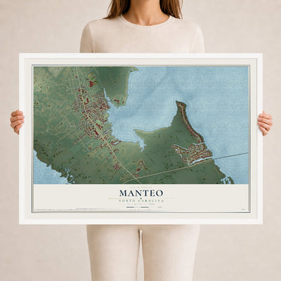 Map of Manteo, North Carolina, 24 x 36 inch print in a white wood frame