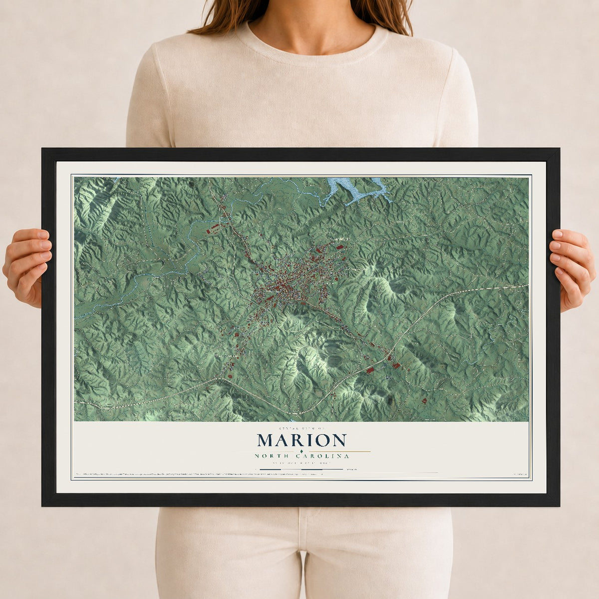 Map of Marion, North Carolina, 12 x 18 inch print in a black wood frame