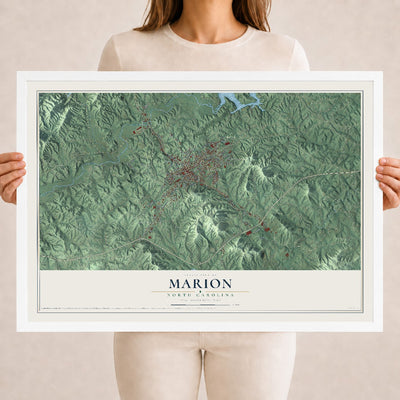 Map of Marion, North Carolina, 18 x 24 inch print in a white wood frame