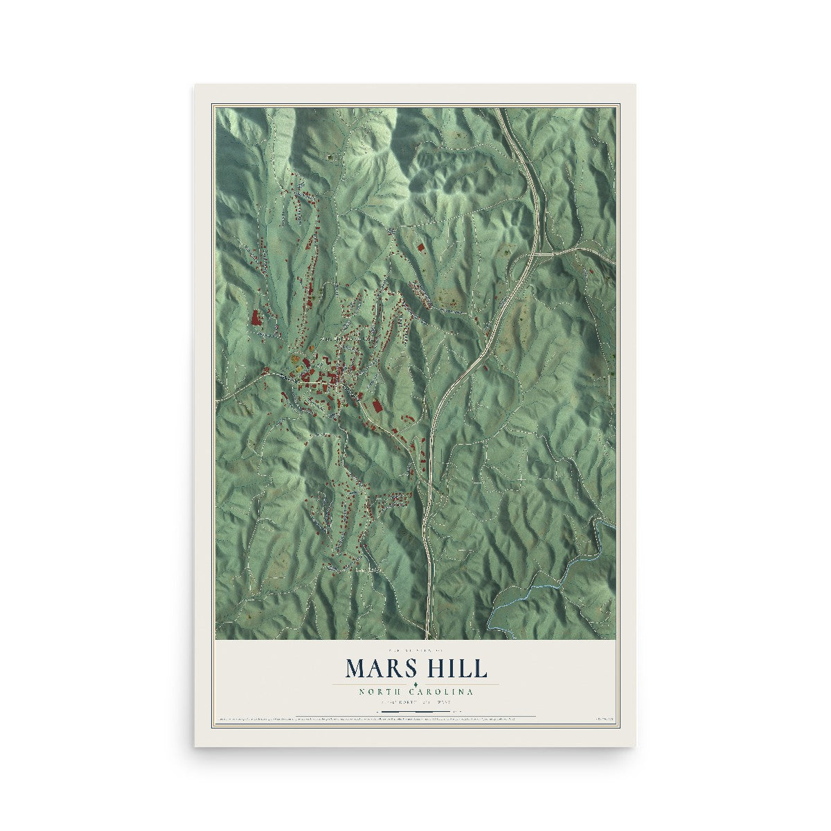 Map of Mars Hill, North Carolina, 12 x 18 inch unframed archival matte print