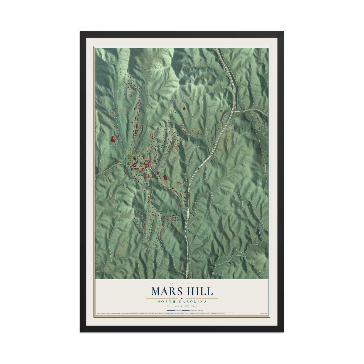 Map of Mars Hill, North Carolina, 12 x 18 inch print in a black wood frame