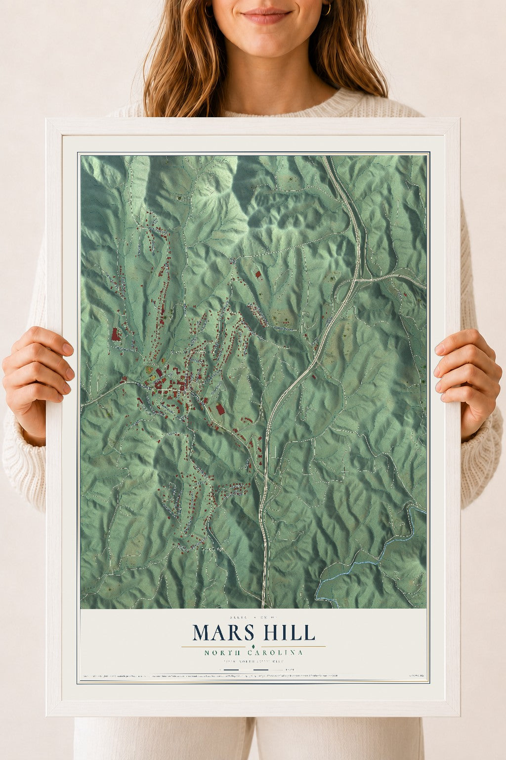 Map of Mars Hill, North Carolina, 18 x 24 inch print in a white wood frame