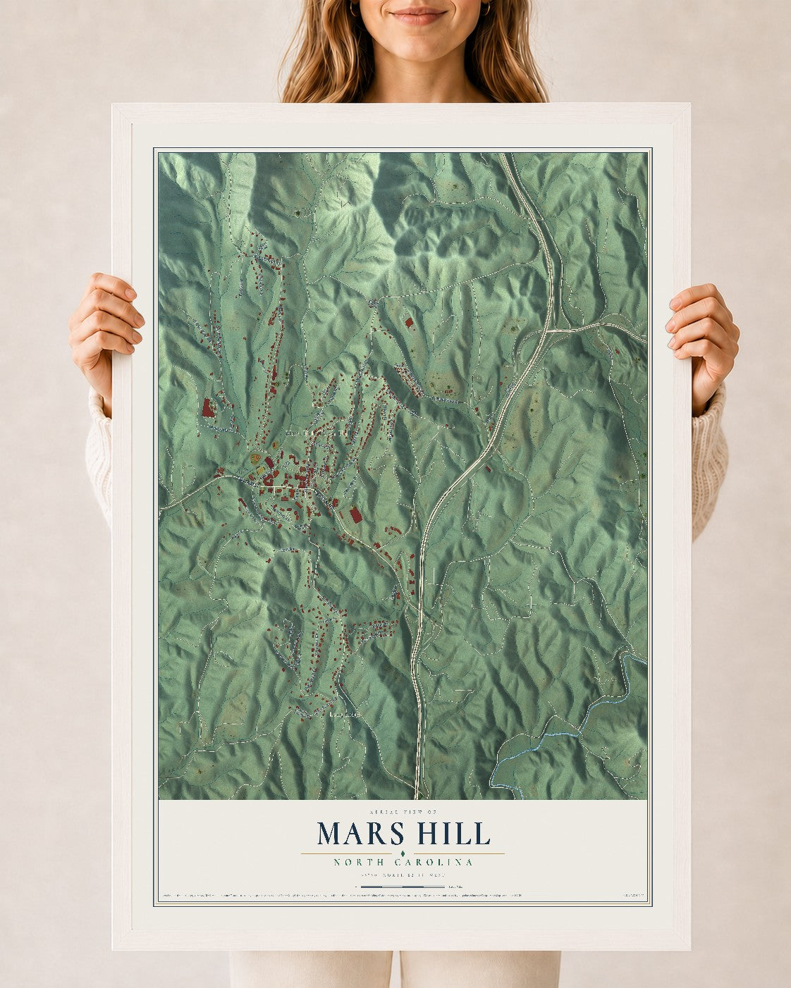 Map of Mars Hill, North Carolina, 24 x 36 inch print in a white wood frame