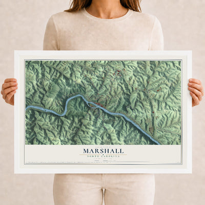 Map of Marshall, North Carolina, 12 x 18 inch print in a white wood frame
