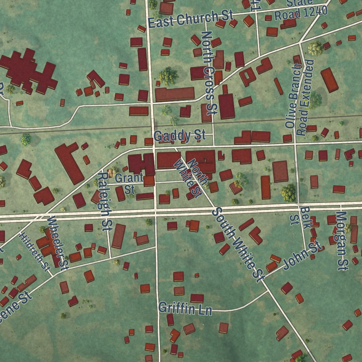 Close-up of the map of Marshville, North Carolina print showing street and building detail