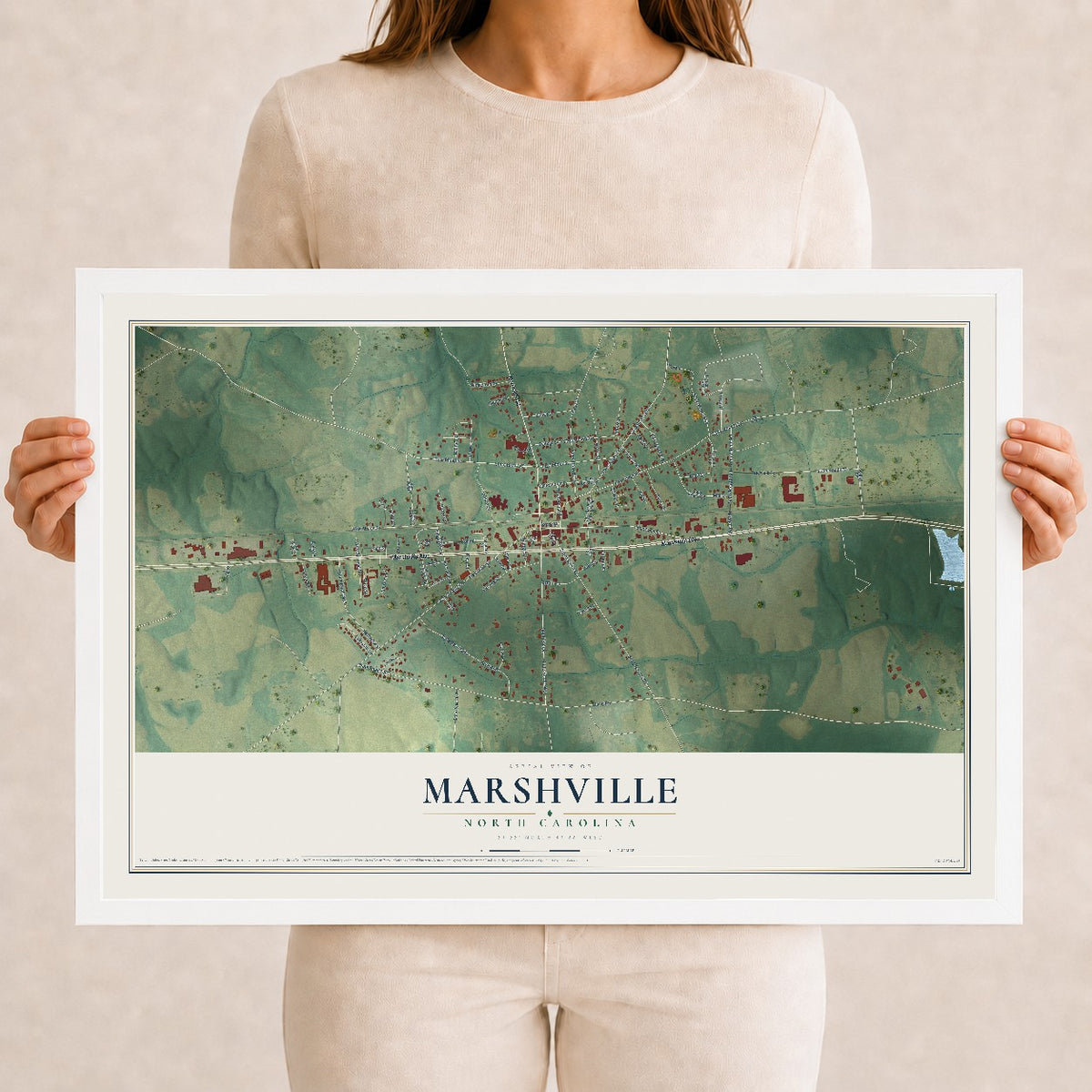 Map of Marshville, North Carolina, 12 x 18 inch print in a white wood frame