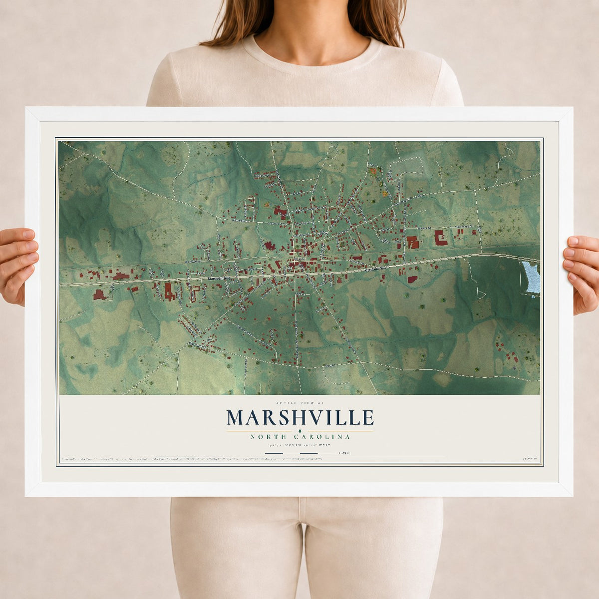 Map of Marshville, North Carolina, 18 x 24 inch print in a white wood frame