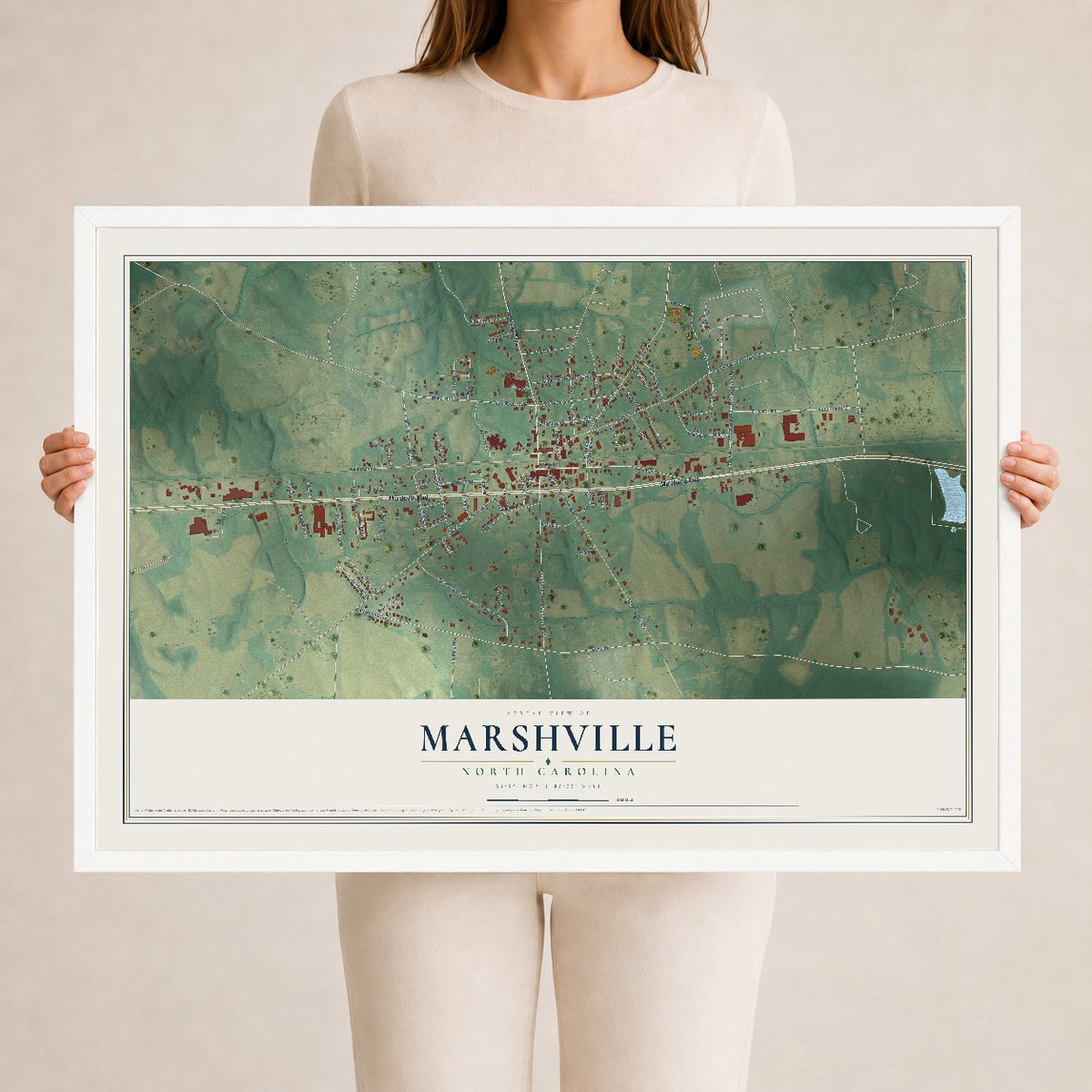 Map of Marshville, North Carolina, 24 x 36 inch print in a white wood frame