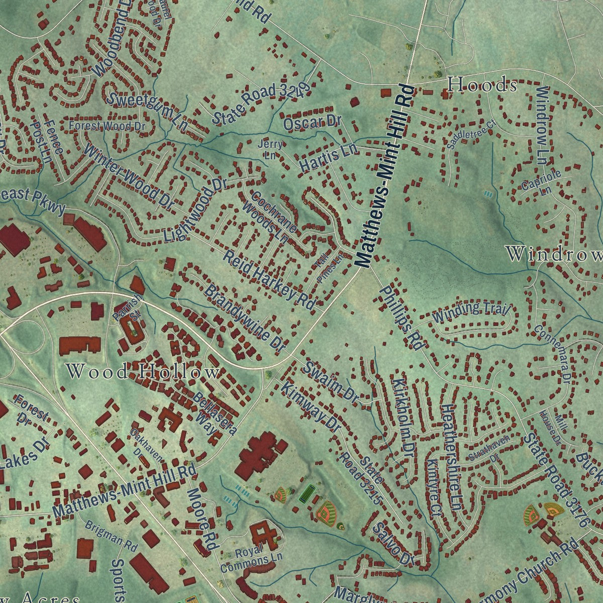 Second close-up of the map of Matthews, North Carolina print showing more streets and buildings