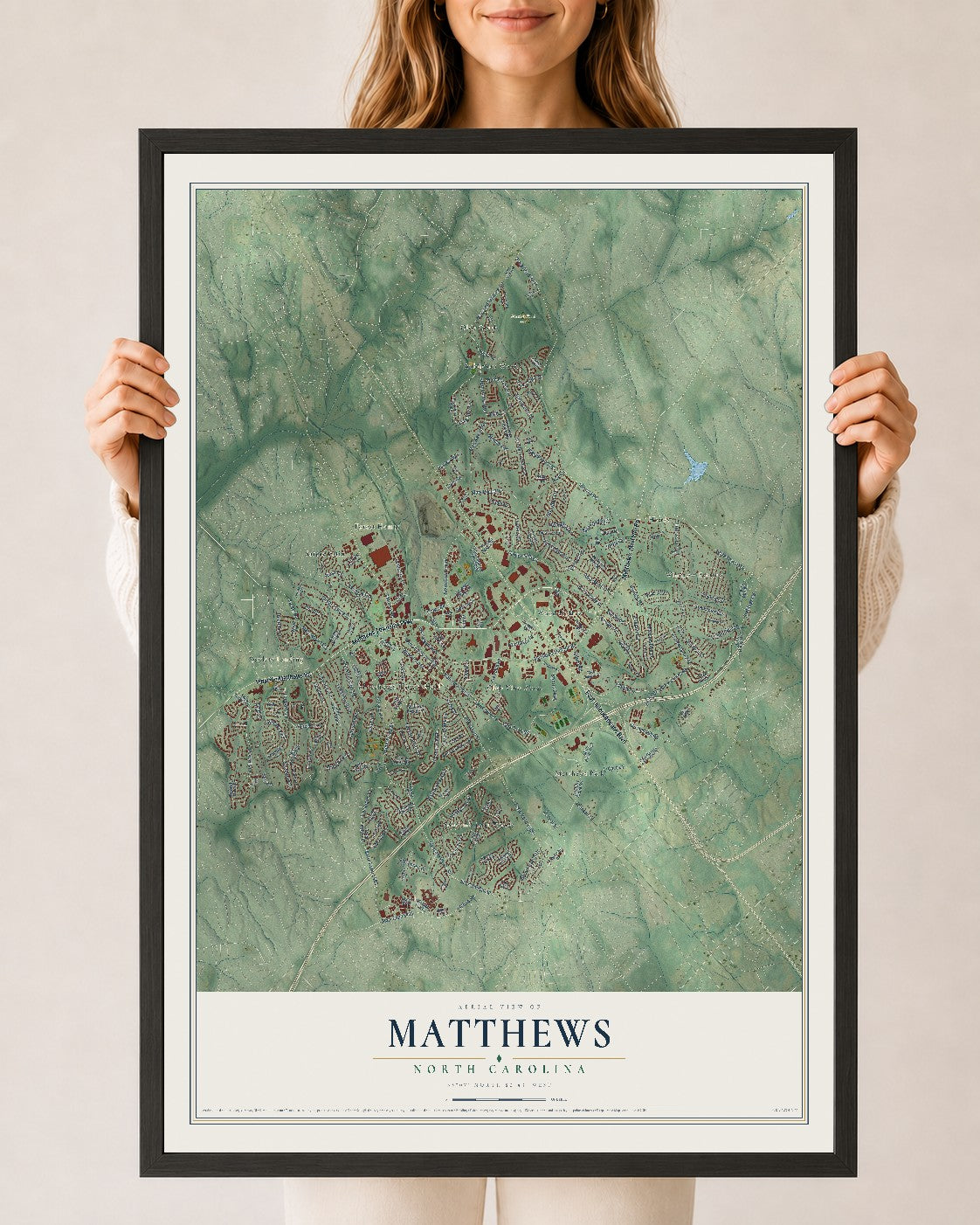 Map of Matthews, North Carolina, 24 x 36 inch print in a black wood frame