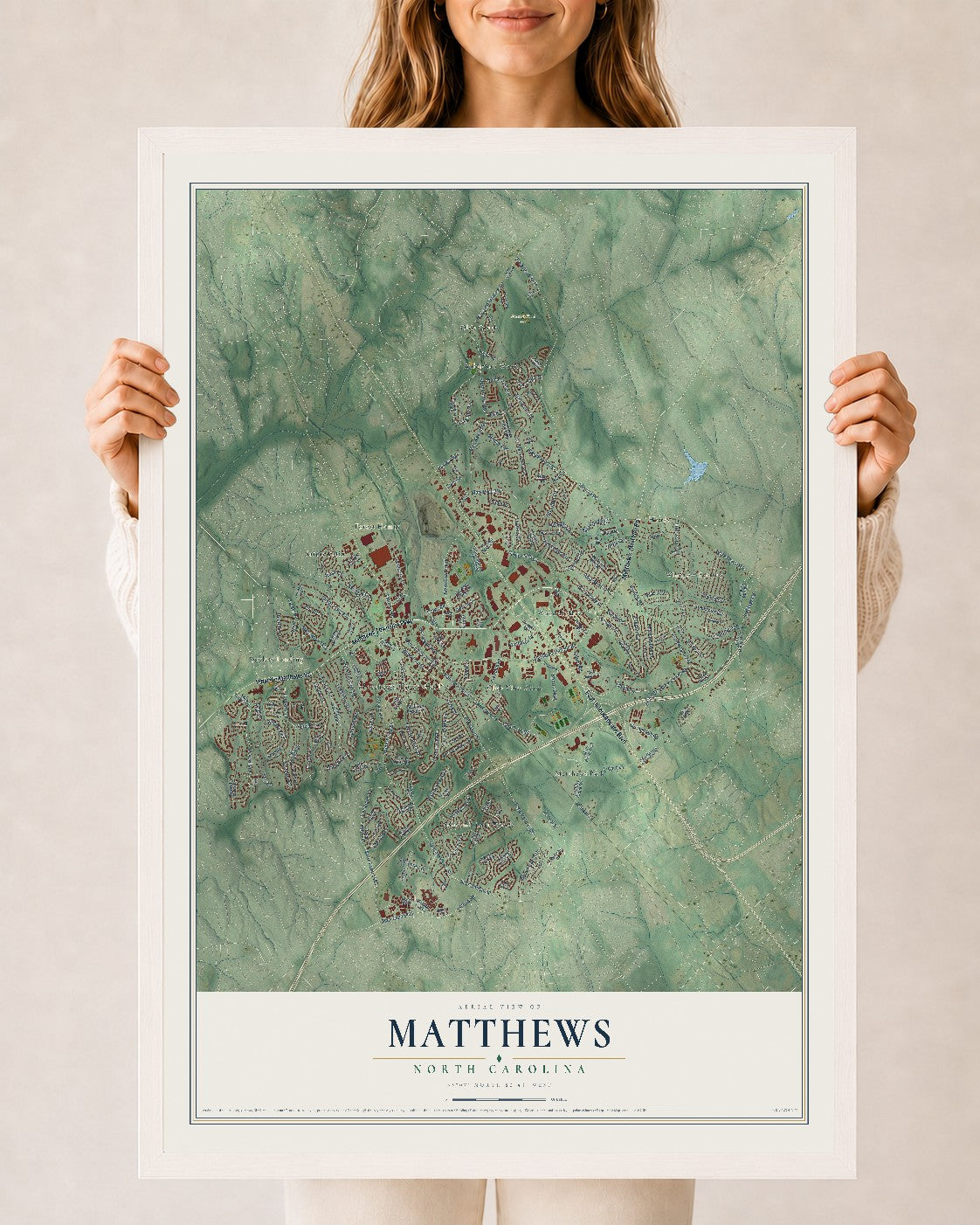 Map of Matthews, North Carolina, 24 x 36 inch print in a white wood frame