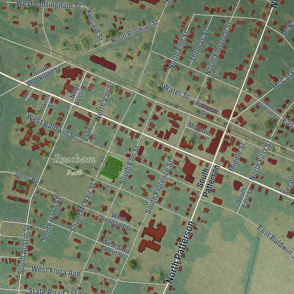 Close-up of the map of Maxton, North Carolina print showing street and building detail