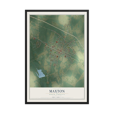 Map of Maxton, North Carolina, 12 x 18 inch print in a black wood frame
