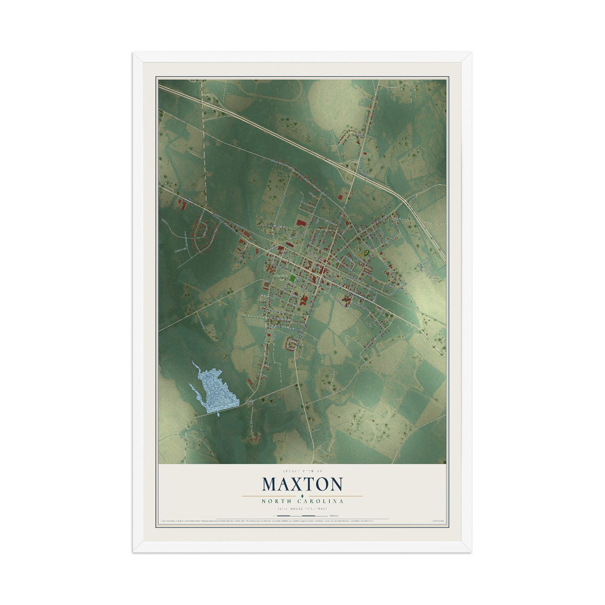 Map of Maxton, North Carolina, 12 x 18 inch print in a white wood frame