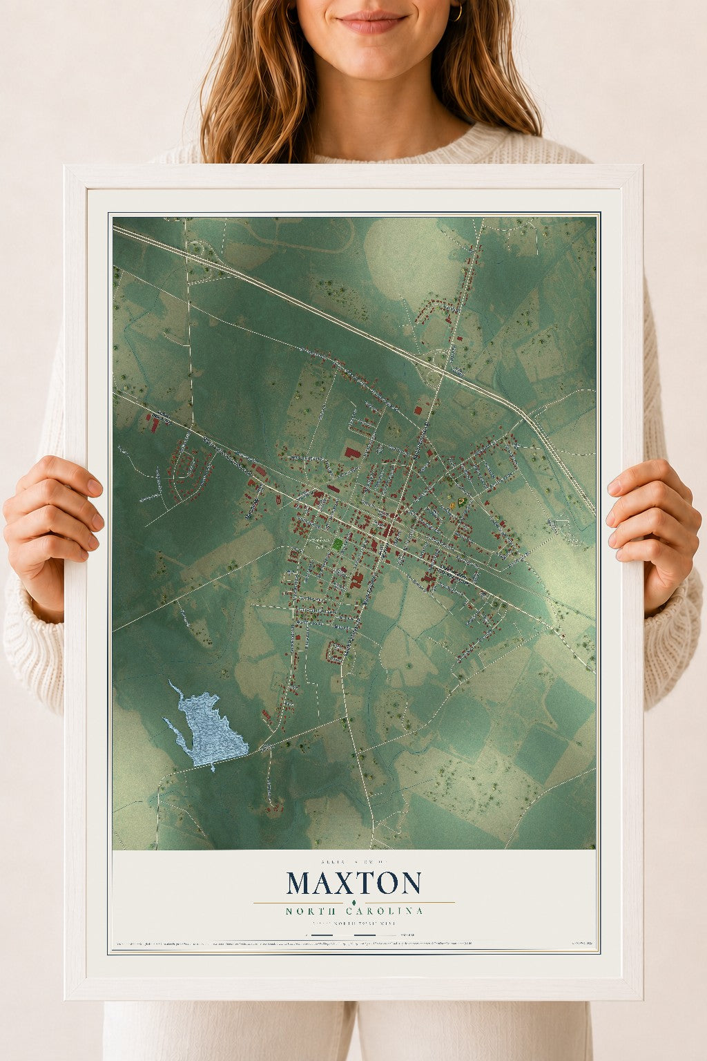 Map of Maxton, North Carolina, 18 x 24 inch print in a white wood frame