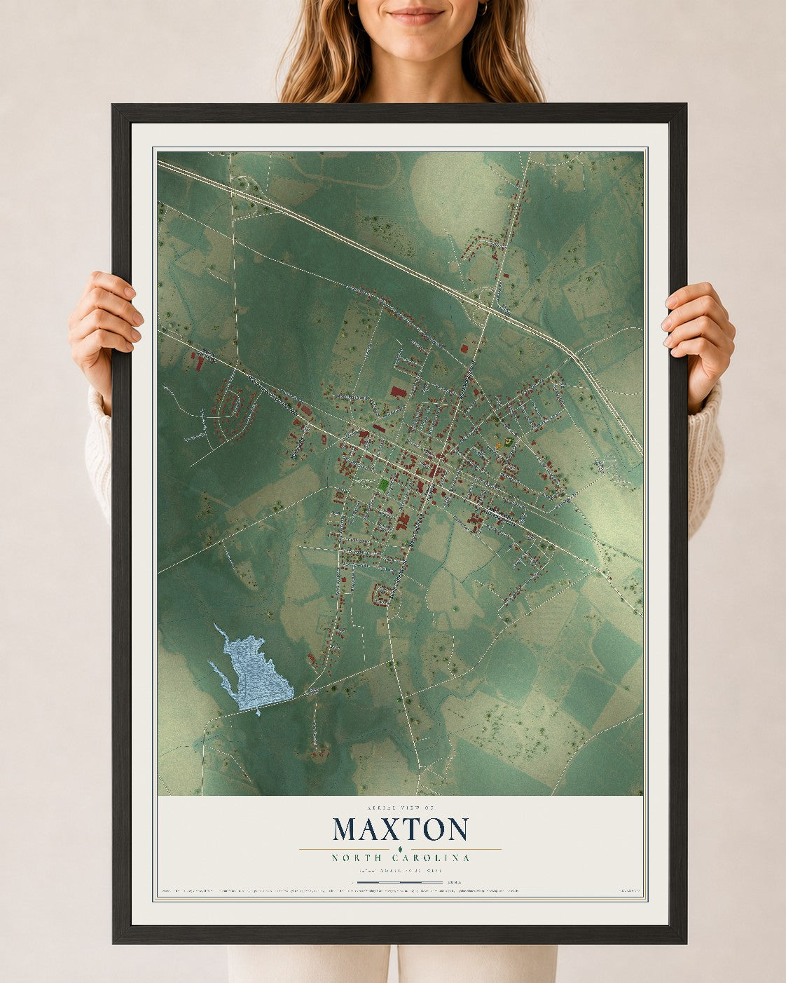 Map of Maxton, North Carolina, 24 x 36 inch print in a black wood frame
