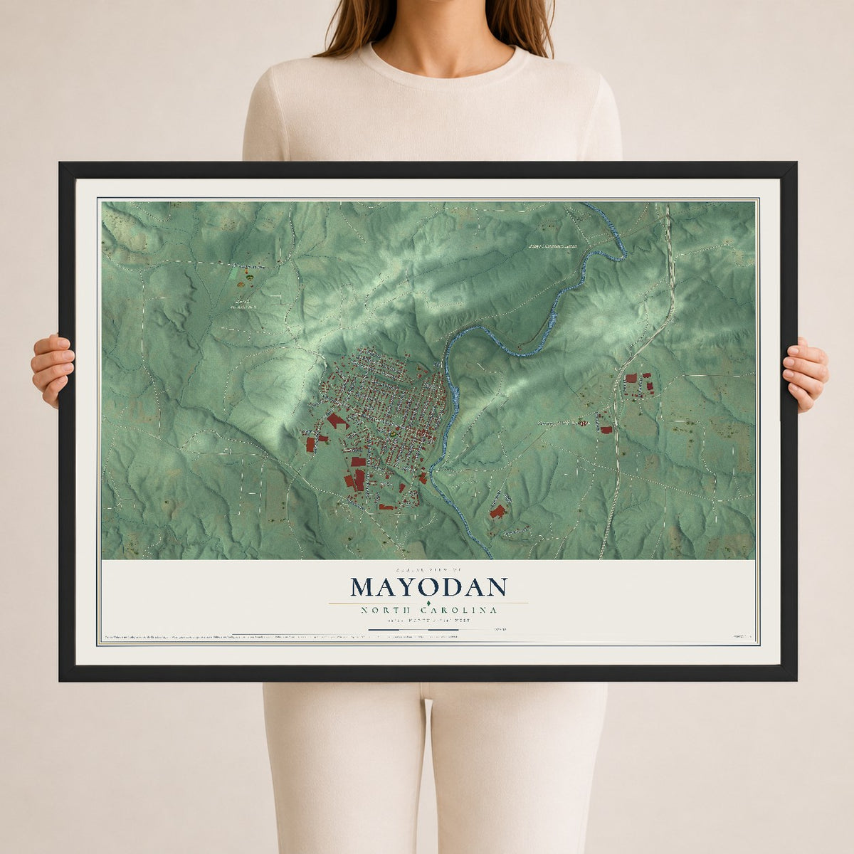 Map of Mayodan, North Carolina, 24 x 36 inch print in a black wood frame