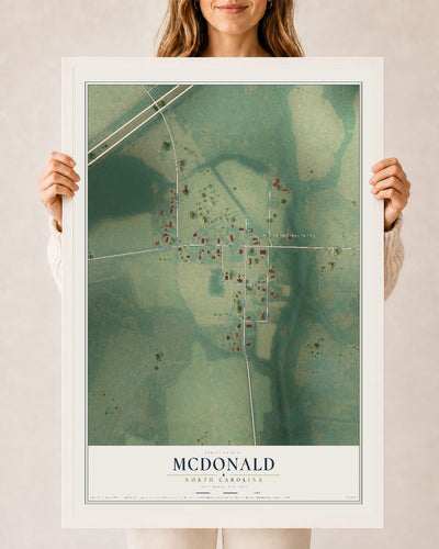 Map of McDonald, North Carolina, 24 x 36 inch print in a white wood frame