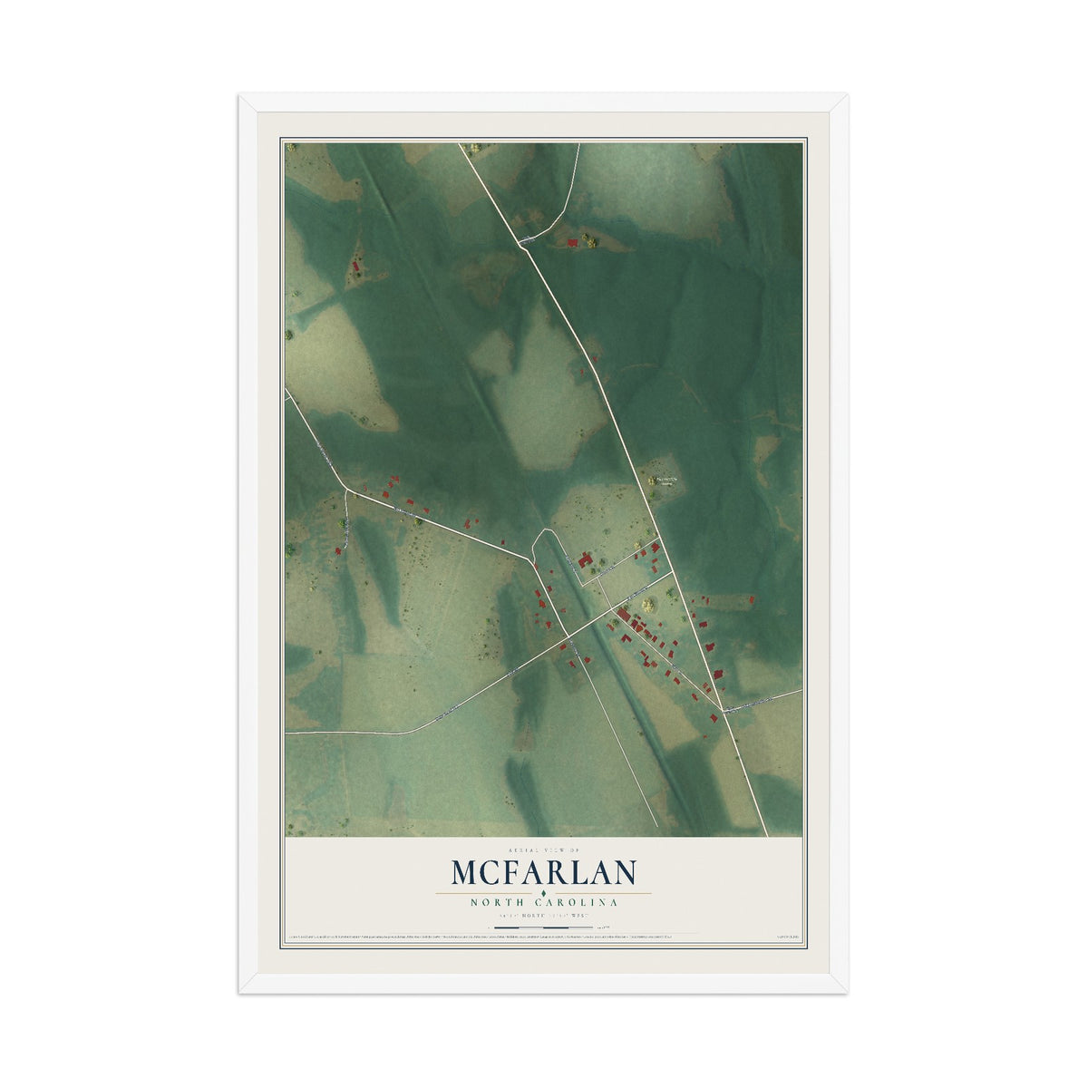 Map of McFarlan, North Carolina, 12 x 18 inch print in a white wood frame