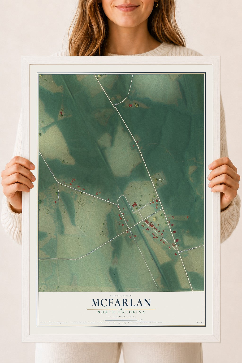 Map of McFarlan, North Carolina, 18 x 24 inch print in a white wood frame