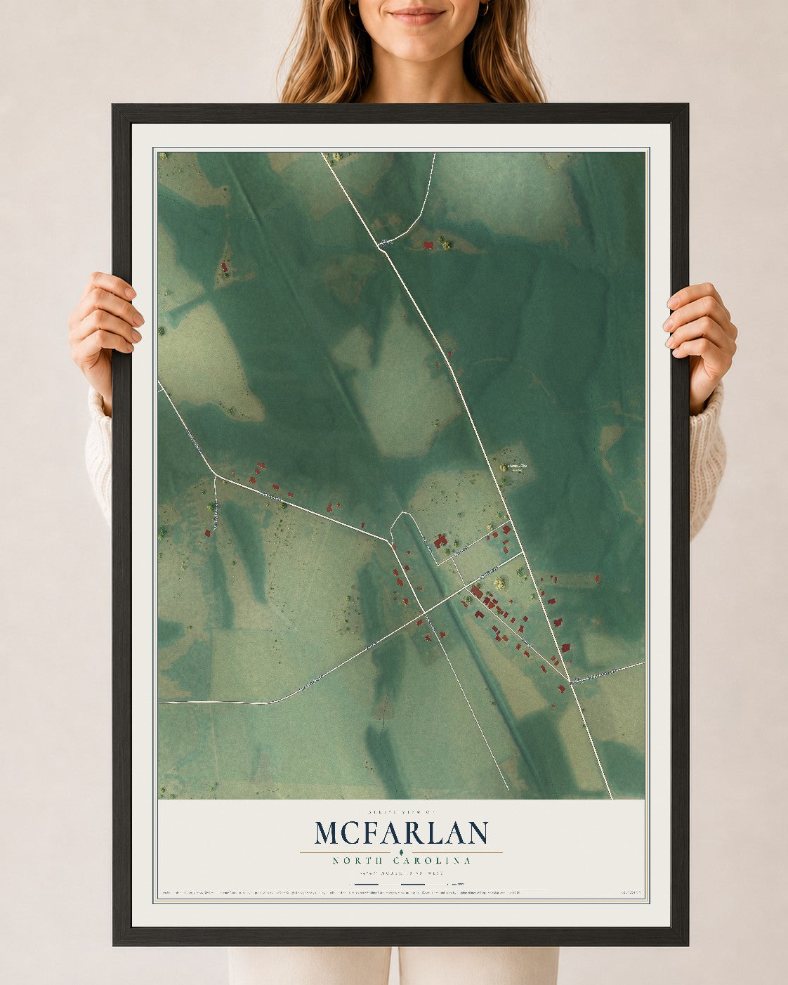 Map of McFarlan, North Carolina, 24 x 36 inch print in a black wood frame