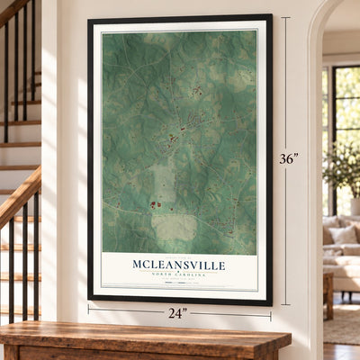 McLeansville, North Carolina map, 24 x 36 inch print in a black frame by a staircase