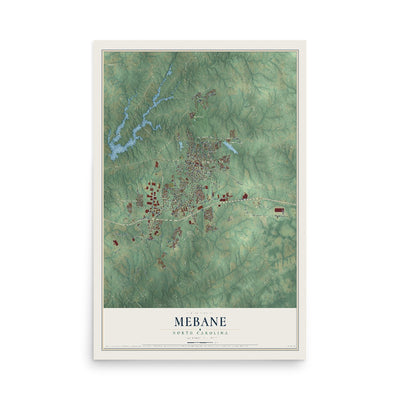 Map of Mebane, North Carolina, 12 x 18 inch unframed archival matte print