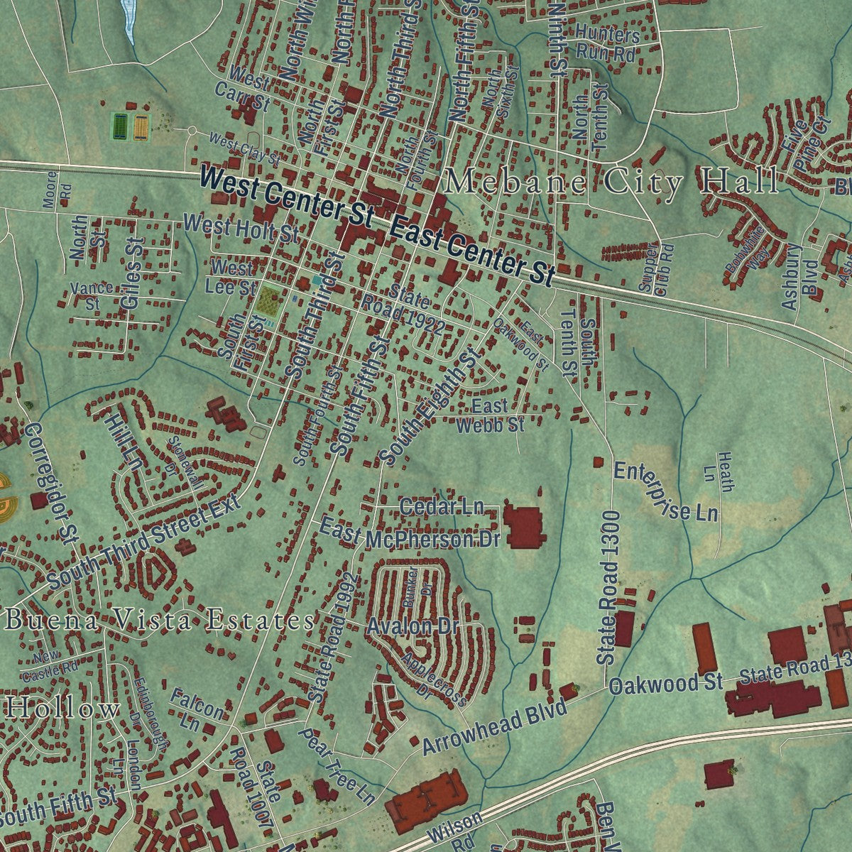 Close-up of the map of Mebane, North Carolina print showing street and building detail