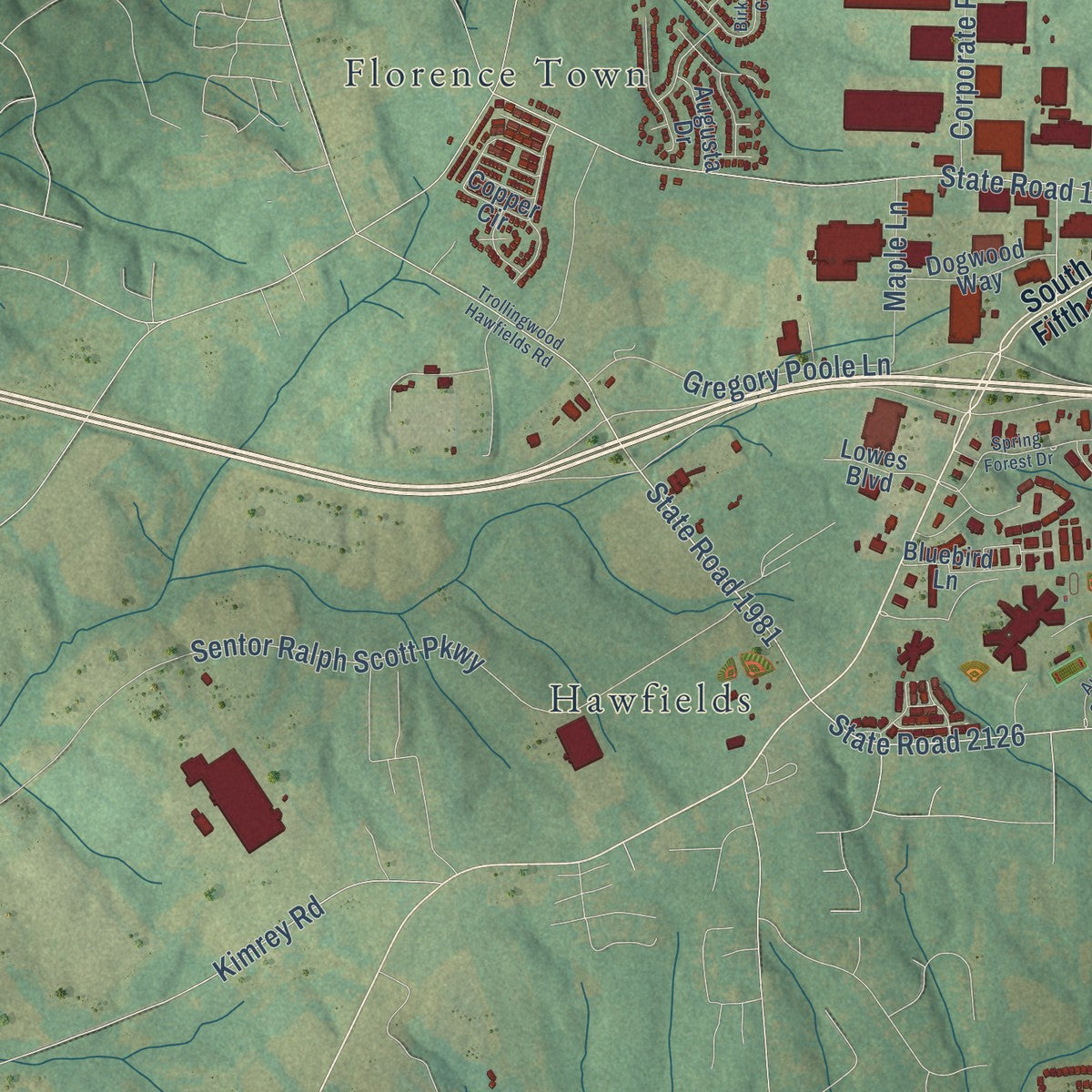 Second close-up of the map of Mebane, North Carolina print showing more streets and buildings