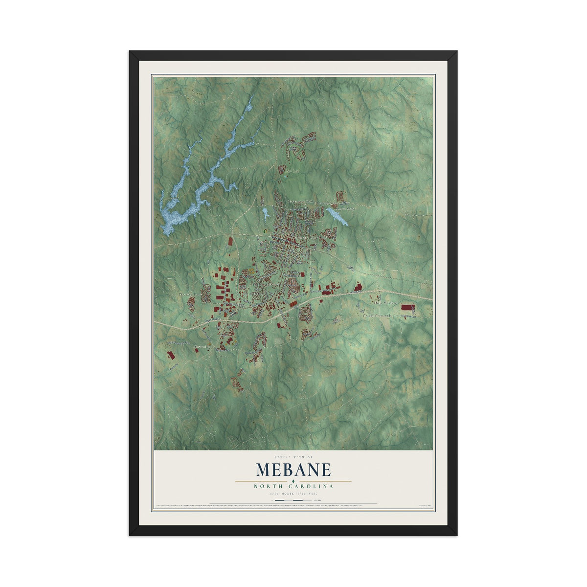 Map of Mebane, North Carolina, 12 x 18 inch print in a black wood frame