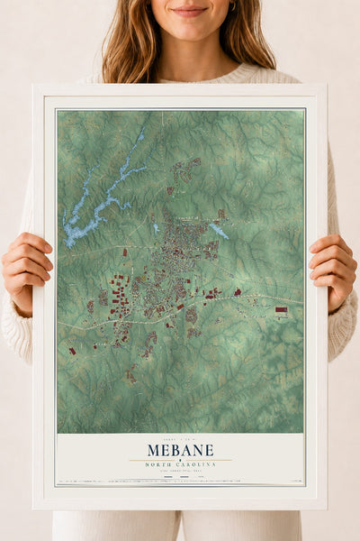 Map of Mebane, North Carolina, 18 x 24 inch print in a white wood frame