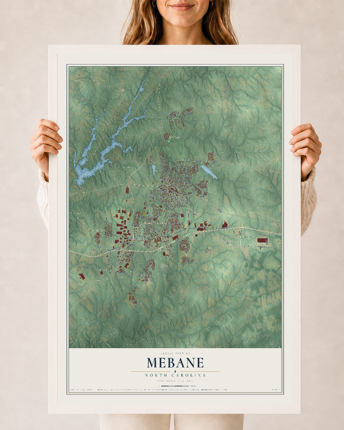 Map of Mebane, North Carolina, 24 x 36 inch print in a white wood frame