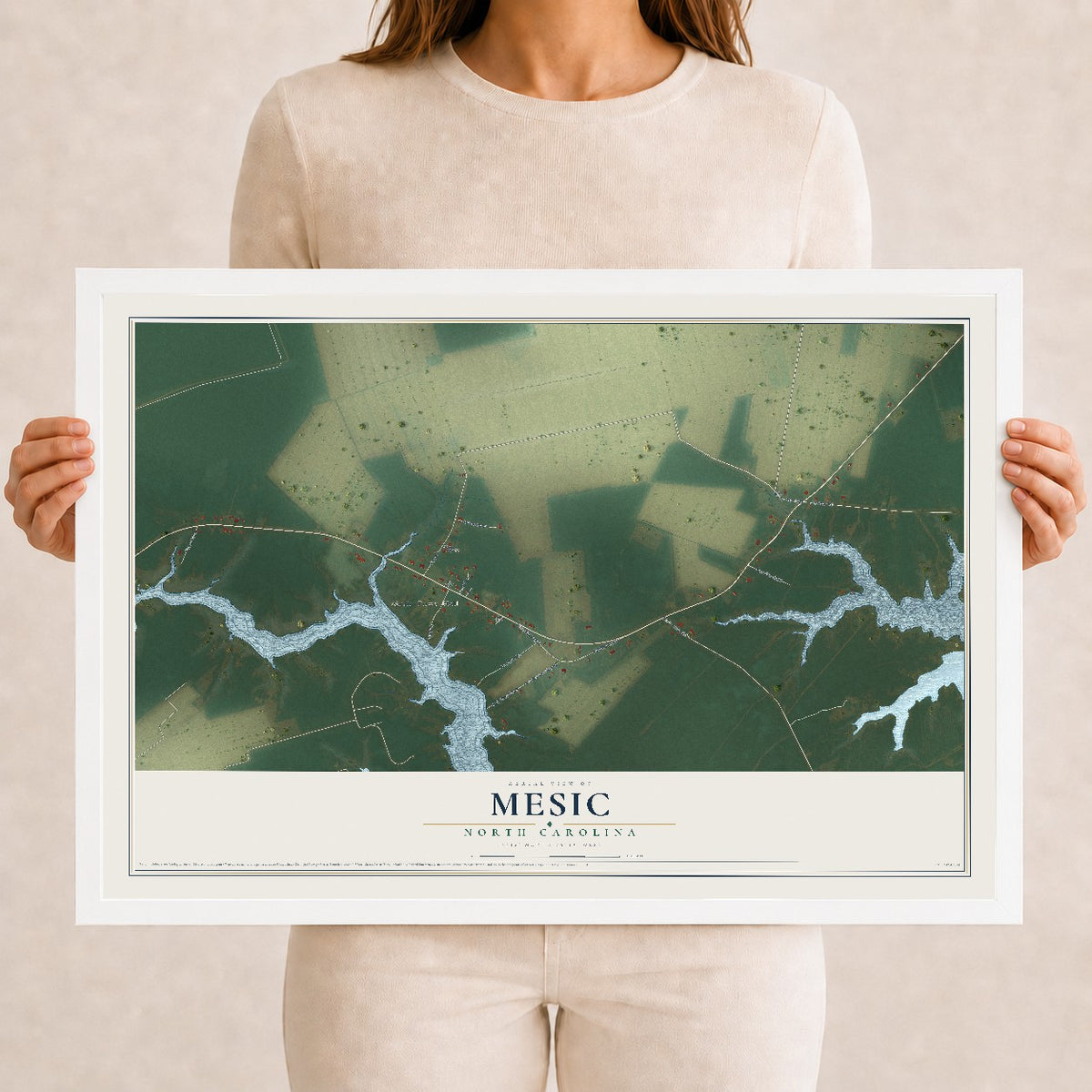 Map of Mesic, North Carolina, 12 x 18 inch print in a white wood frame