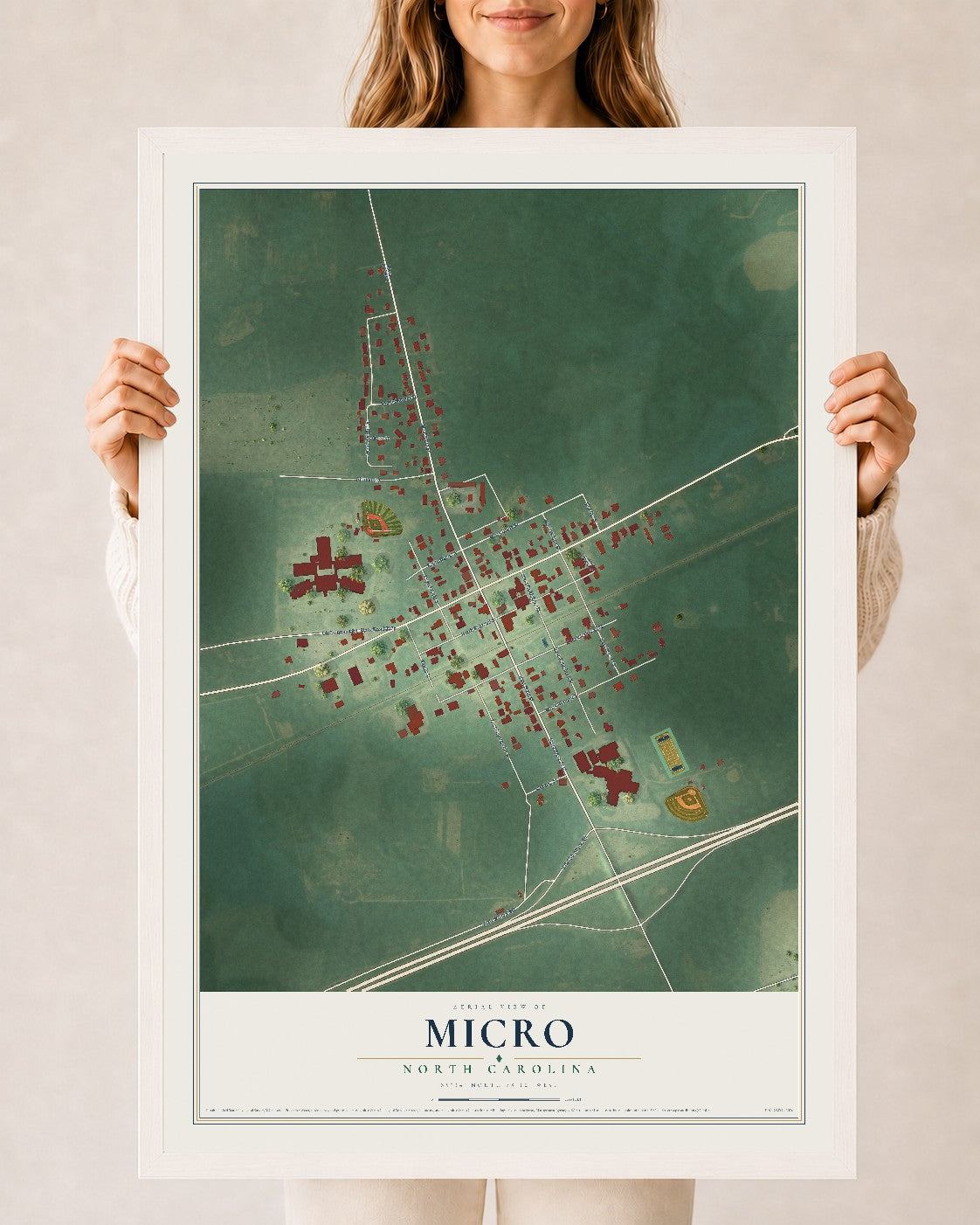 Map of Micro, North Carolina, 24 x 36 inch print in a white wood frame