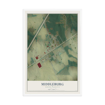 Map of Middleburg, North Carolina, 12 x 18 inch print in a white wood frame