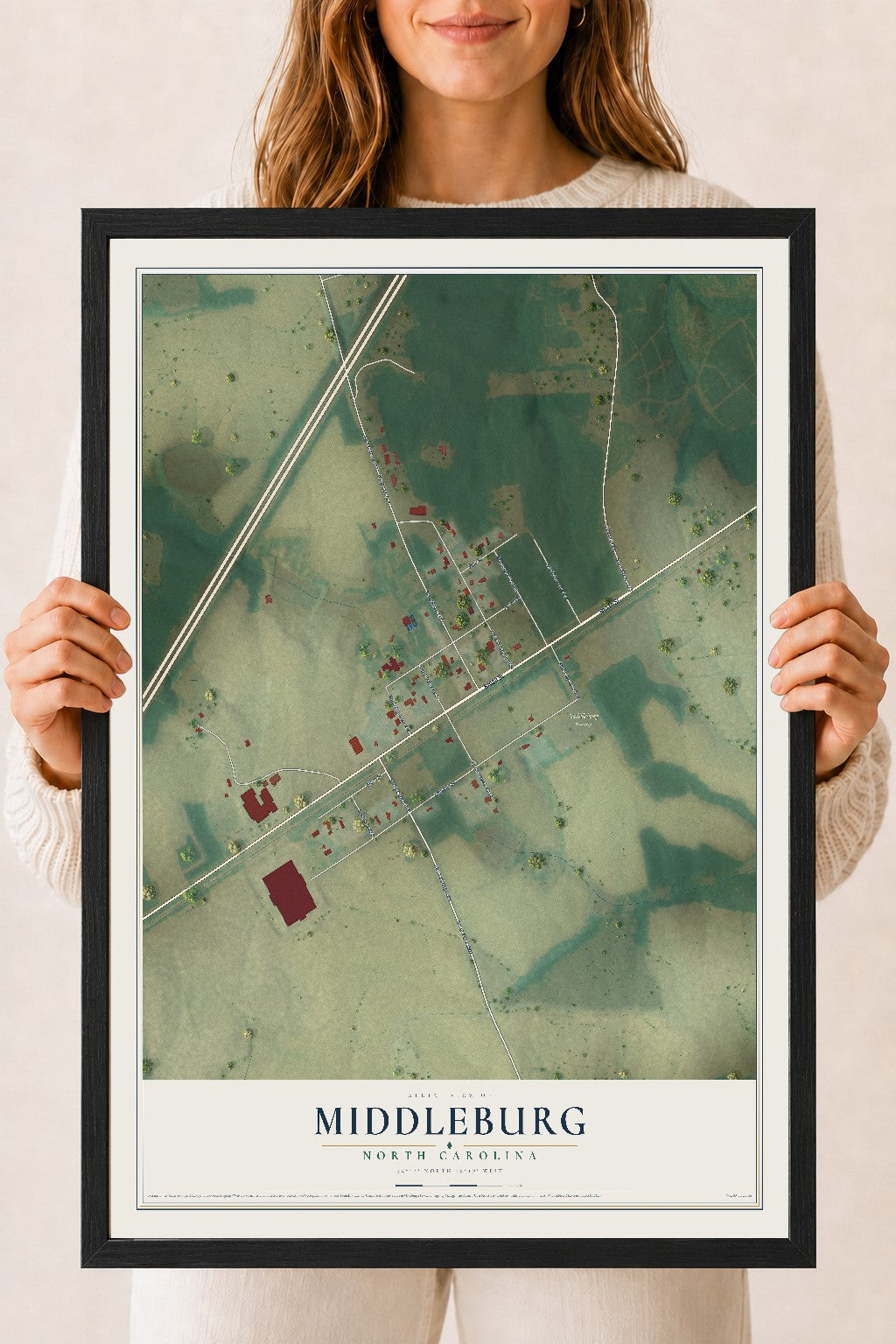 Map of Middleburg, North Carolina, 18 x 24 inch print in a black wood frame