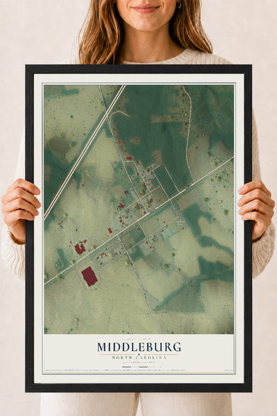 Map of Middleburg, North Carolina, 18 x 24 inch print in a black wood frame
