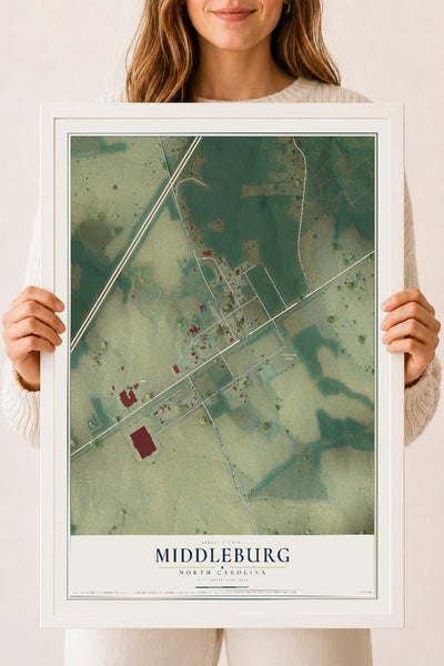 Map of Middleburg, North Carolina, 18 x 24 inch print in a white wood frame