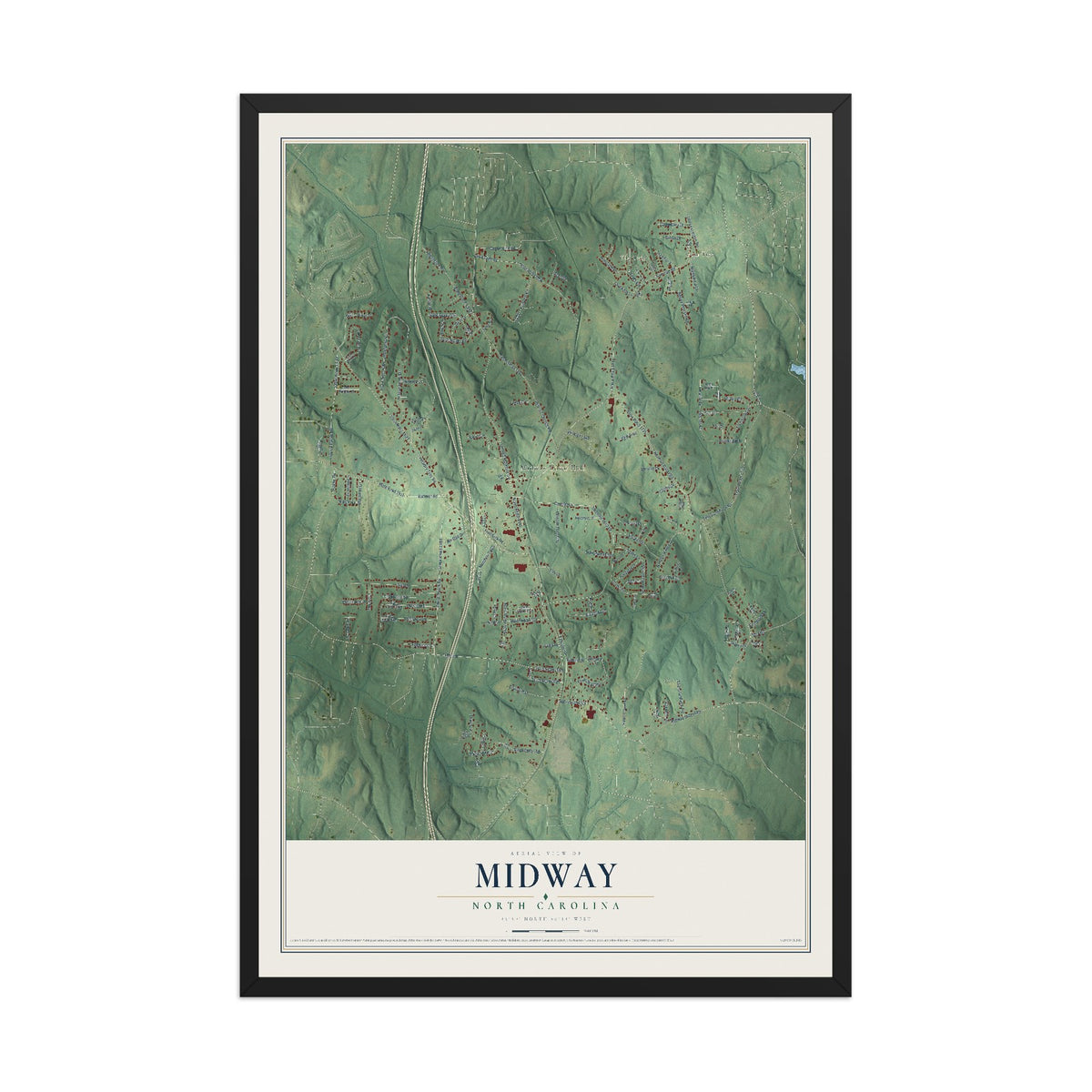 Map of Midway, North Carolina, 12 x 18 inch print in a black wood frame