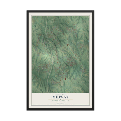 Map of Midway, North Carolina, 12 x 18 inch print in a black wood frame