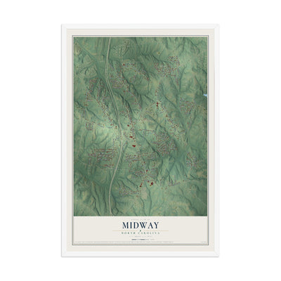 Map of Midway, North Carolina, 12 x 18 inch print in a white wood frame