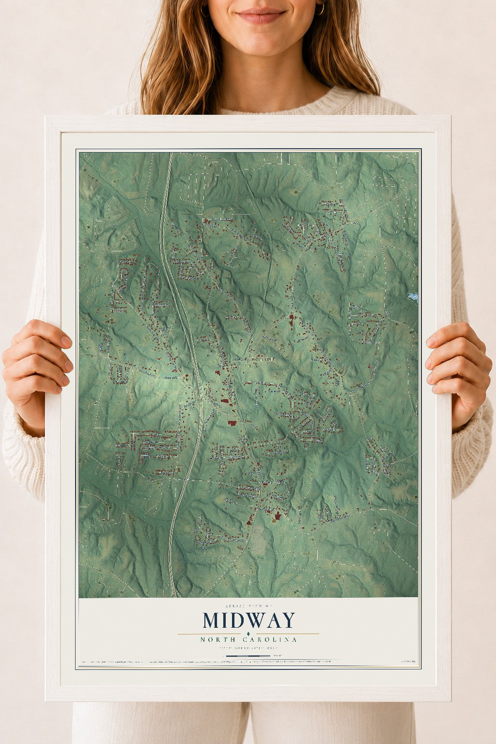 Map of Midway, North Carolina, 18 x 24 inch print in a white wood frame