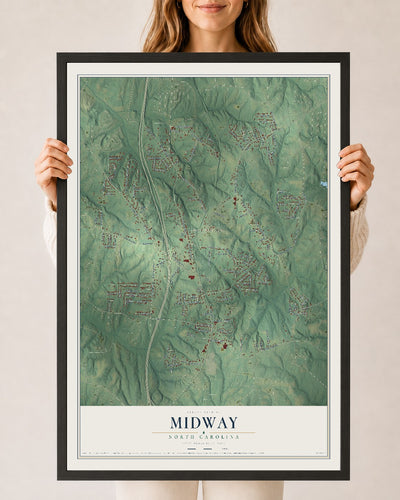 Map of Midway, North Carolina, 24 x 36 inch print in a black wood frame