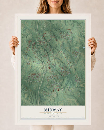 Map of Midway, North Carolina, 24 x 36 inch print in a white wood frame