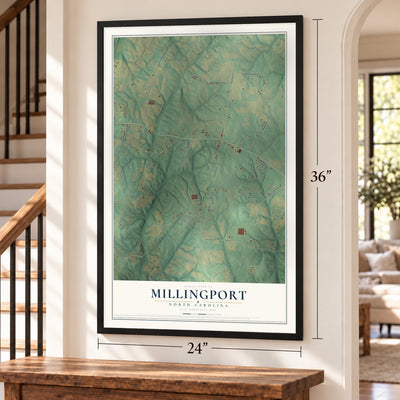 Millingport, North Carolina map, 24 x 36 inch print in a black frame by a staircase