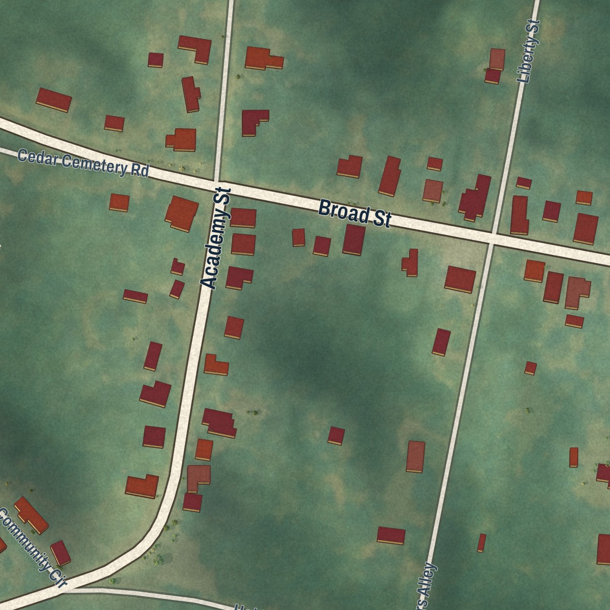Close-up of the map of Milton, North Carolina print showing street and building detail