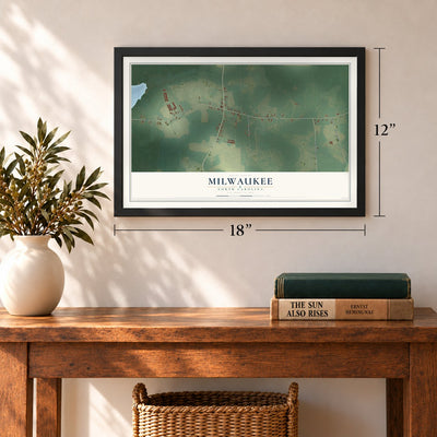 Milwaukee, North Carolina map, 12 x 18 inch print in a black frame in an entryway