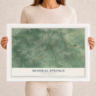 Map of Mineral Springs, North Carolina, 12 x 18 inch print in a white wood frame