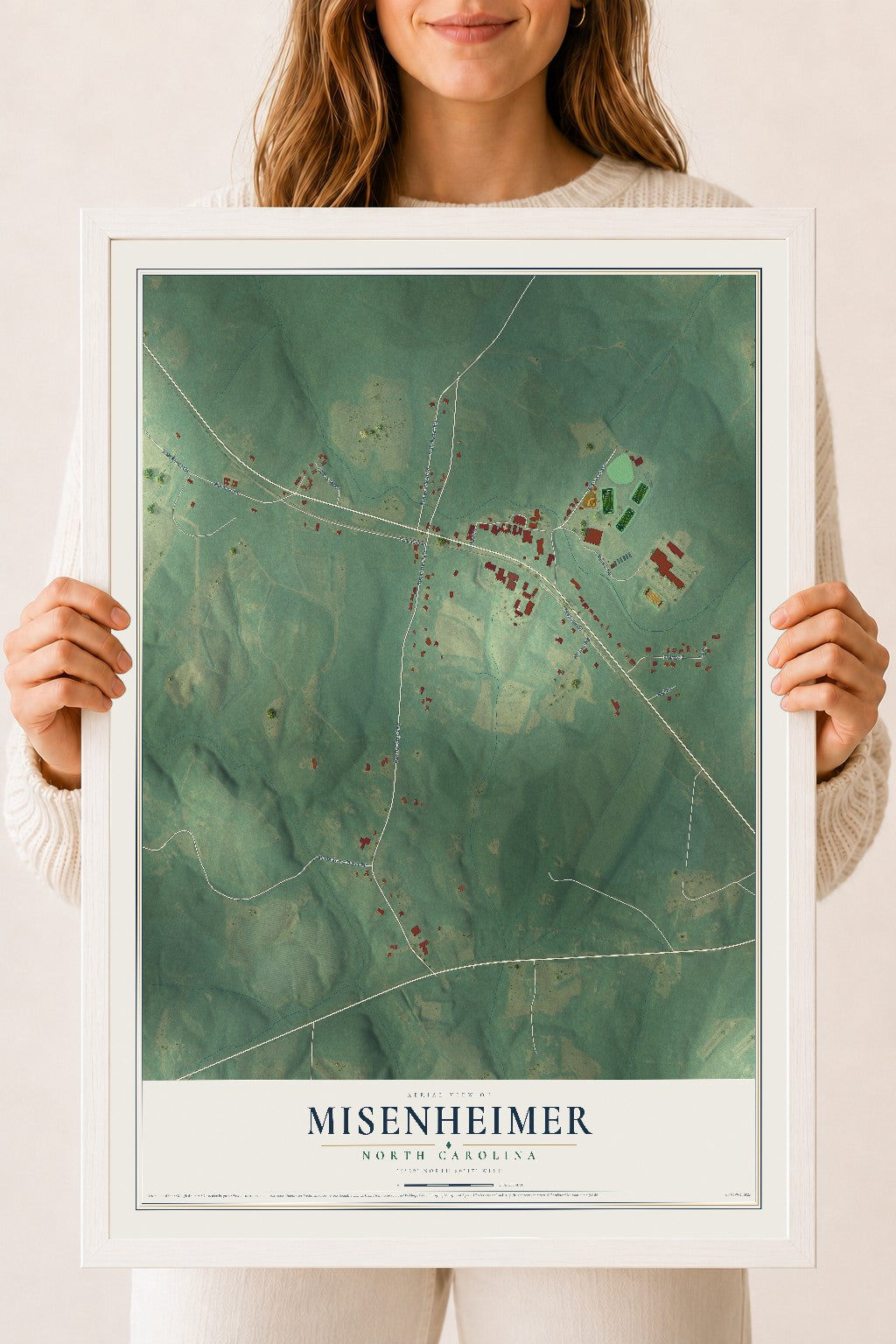 Map of Misenheimer, North Carolina, 18 x 24 inch print in a white wood frame