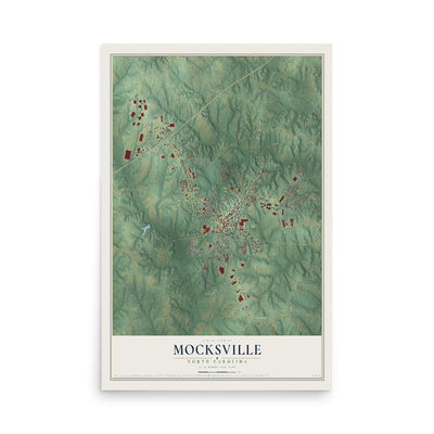 Map of Mocksville, North Carolina, 12 x 18 inch unframed archival matte print